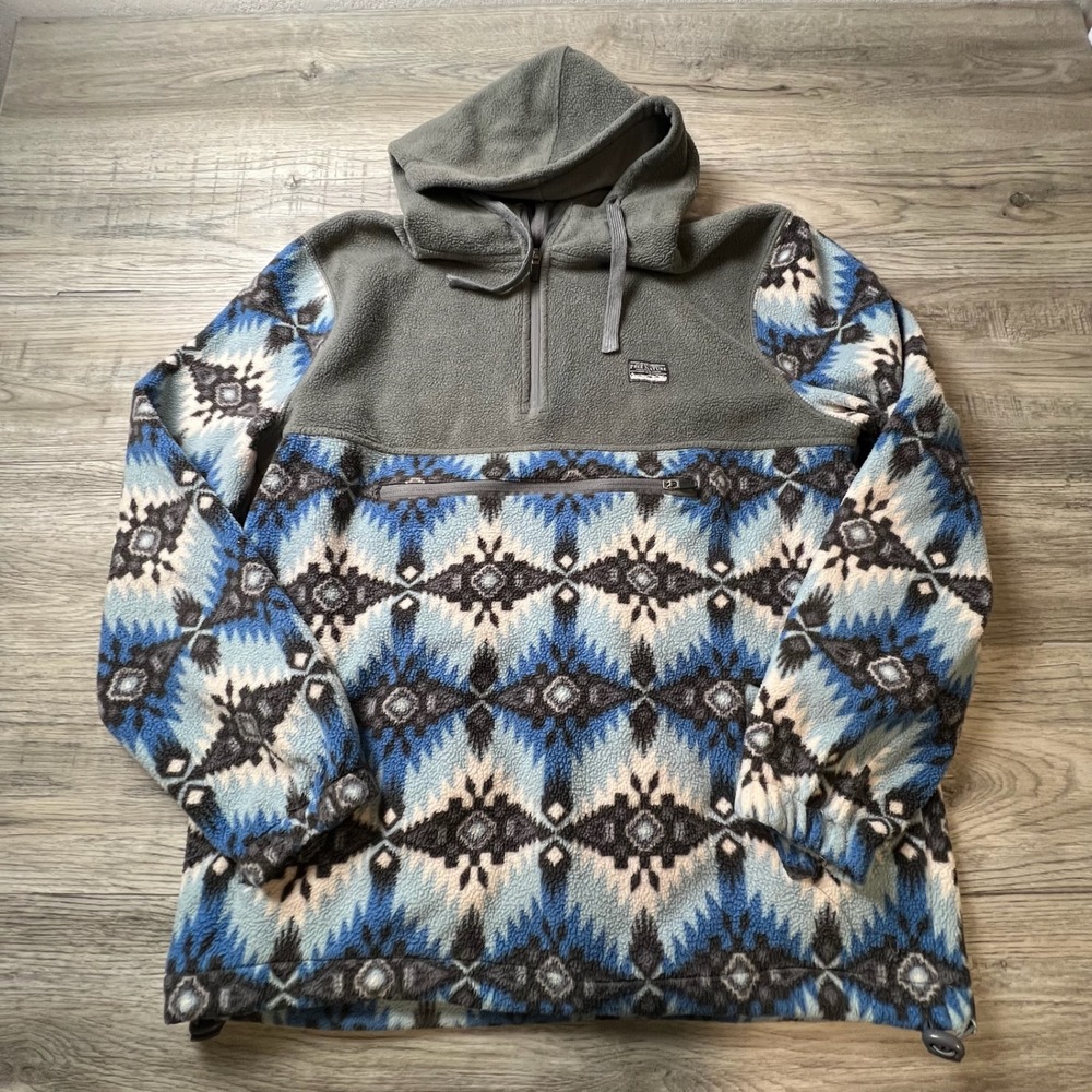 Free Nature Fleece Hoodie Mens Large Blue Grey Southwestern Quarter Zip Pullover